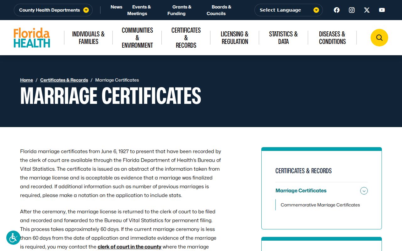 Hialeah Gardens previous residents marriage certificate access