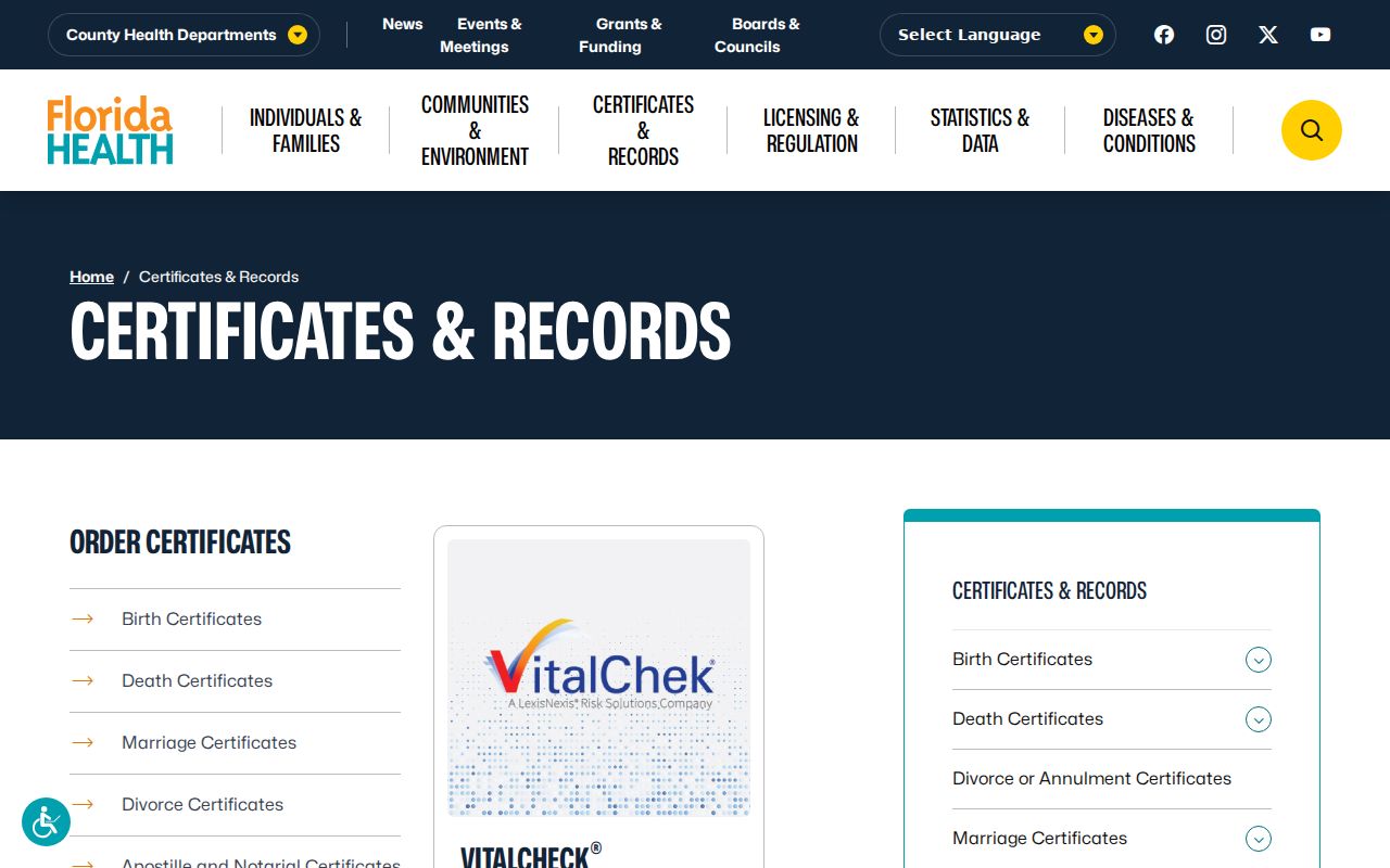Florida vital records gateway for Hialeah Gardens birth death marriage and dissolution records